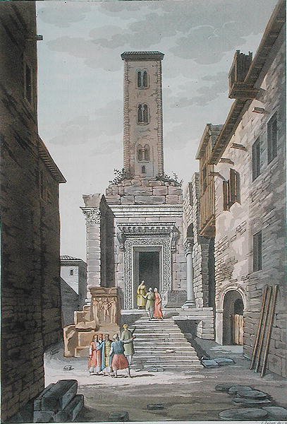 Aesculapius tempel, Split, Jugoslavien, ca 1820 (färgad gravyr) av Vittorio Raineri