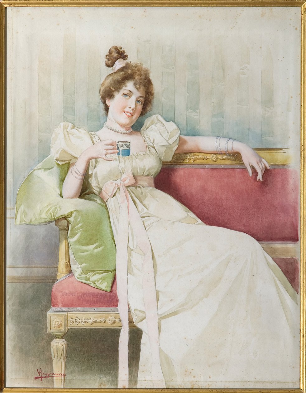 Dam i soffan (akvarell på papper) av Vittorio Reggianini