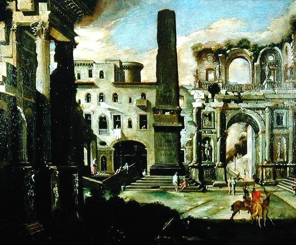 Stadsbild i Italien med antika ruiner (olja på duk) av Viviano Codazzi