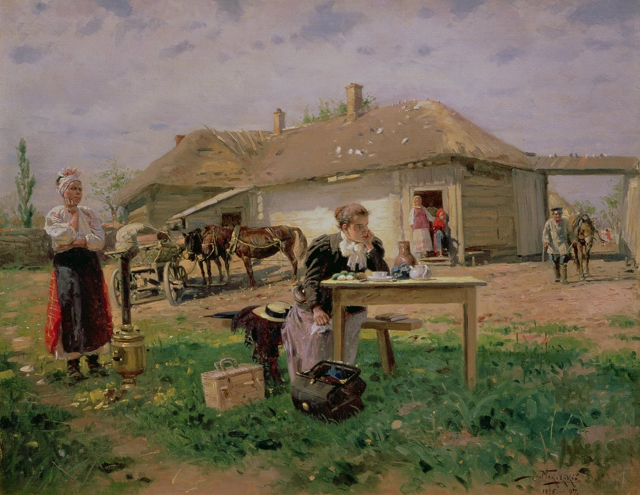 En skolfrus ankomst på landsbygden, 1897 av Vladimir Egorovic Makovsky