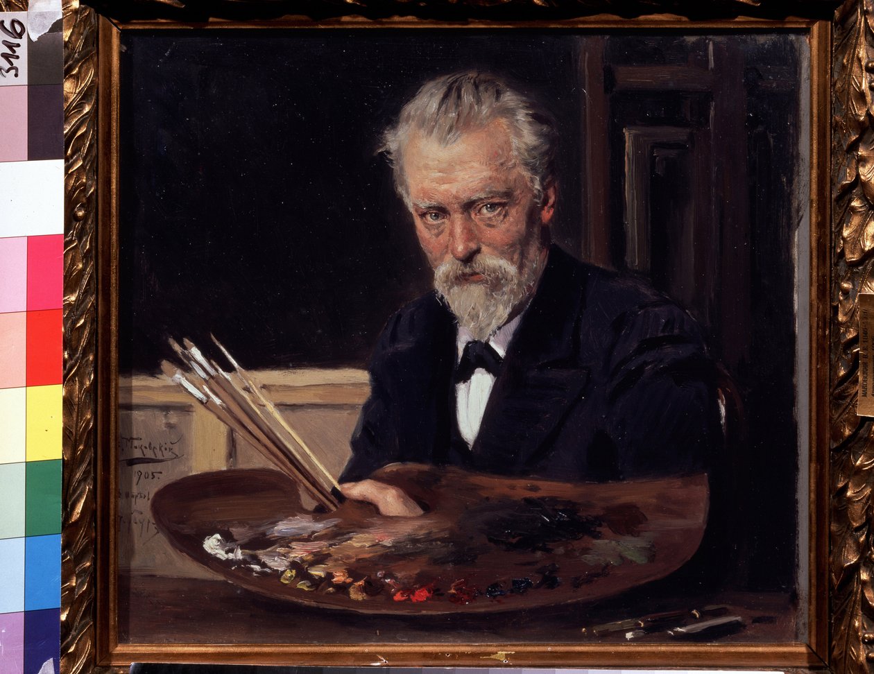 Självporträtt (Självporträtt). Målning av Vladimir Yegorovich Makovski (Makovsky, Makovskij) (1846-1920), huile sur toile av Vladimir Egorovic Makovsky
