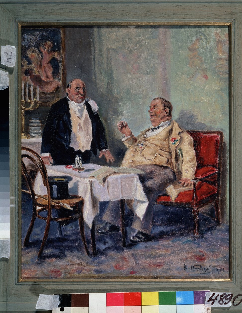På en restaurang (på en restaurang). En fet och nöjd man, en blomma i knapphålet, gratulerar servitören i slutet av sin middag. Målning av Vladimir Yegorovich Makovsky (Makovsky, Makovskij) (1846-1920), olja på duk av Vladimir Egorovic Makovsky