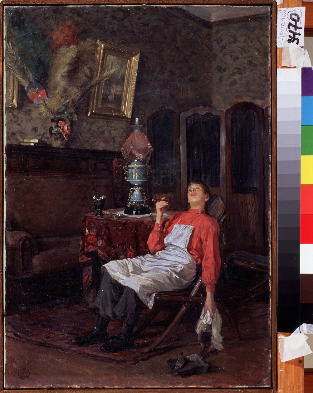 I ägarens frånvaro. En ung tjänare, med förkläde och städredskap, sjunker ihop på en stol och röker en cigarr. Målning av Vladimir Yegorovich Makovsky (Makovsky, Makovskij) (1846-1920), olja på duk, c. av Vladimir Egorovic Makovsky
