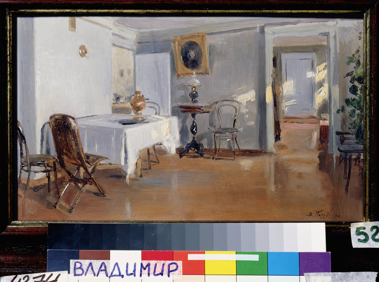 Interiör. Ryska dekorationer och möbler, sent 1800-tal. Målning av Vladimir Yegorovich Makovsky (Makovsky, Makovskij) (1846-1920), olja på duk, cirka 1890. Rysk konst från 1800-talet. Statens konstmuseum, Yaroslavl (Ryssland). av Vladimir Egorovic Makovsky