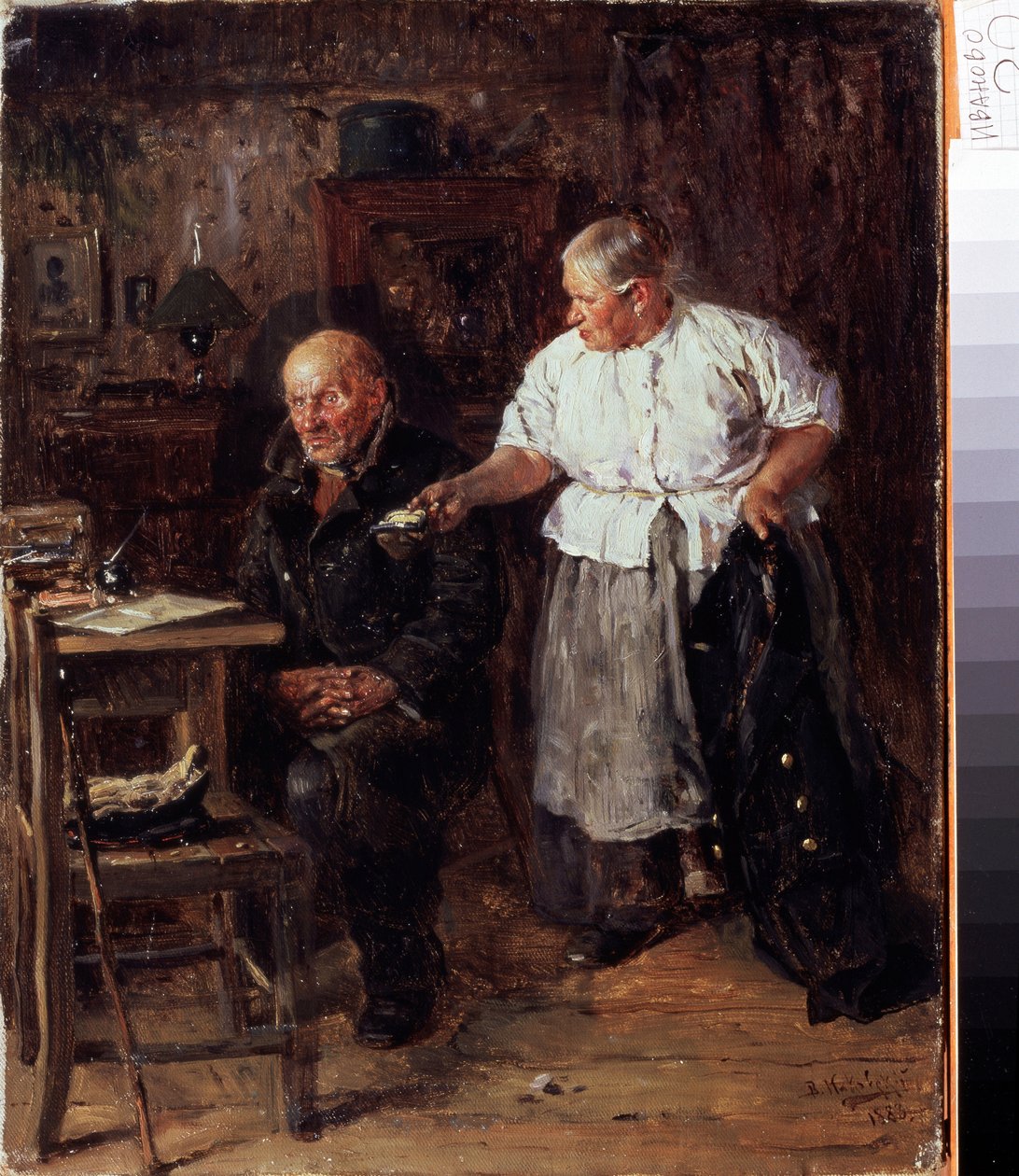 Tillrättavisningen (Skällningen). Ett äldre par i deras inre förebrår hustrun sin man och visar honom sin plånbok. Målning av Vladimir Yegorovich Makovsky (Makovsky, Makovskij) (1846-1920), olja på duk av Vladimir Egorovic Makovsky