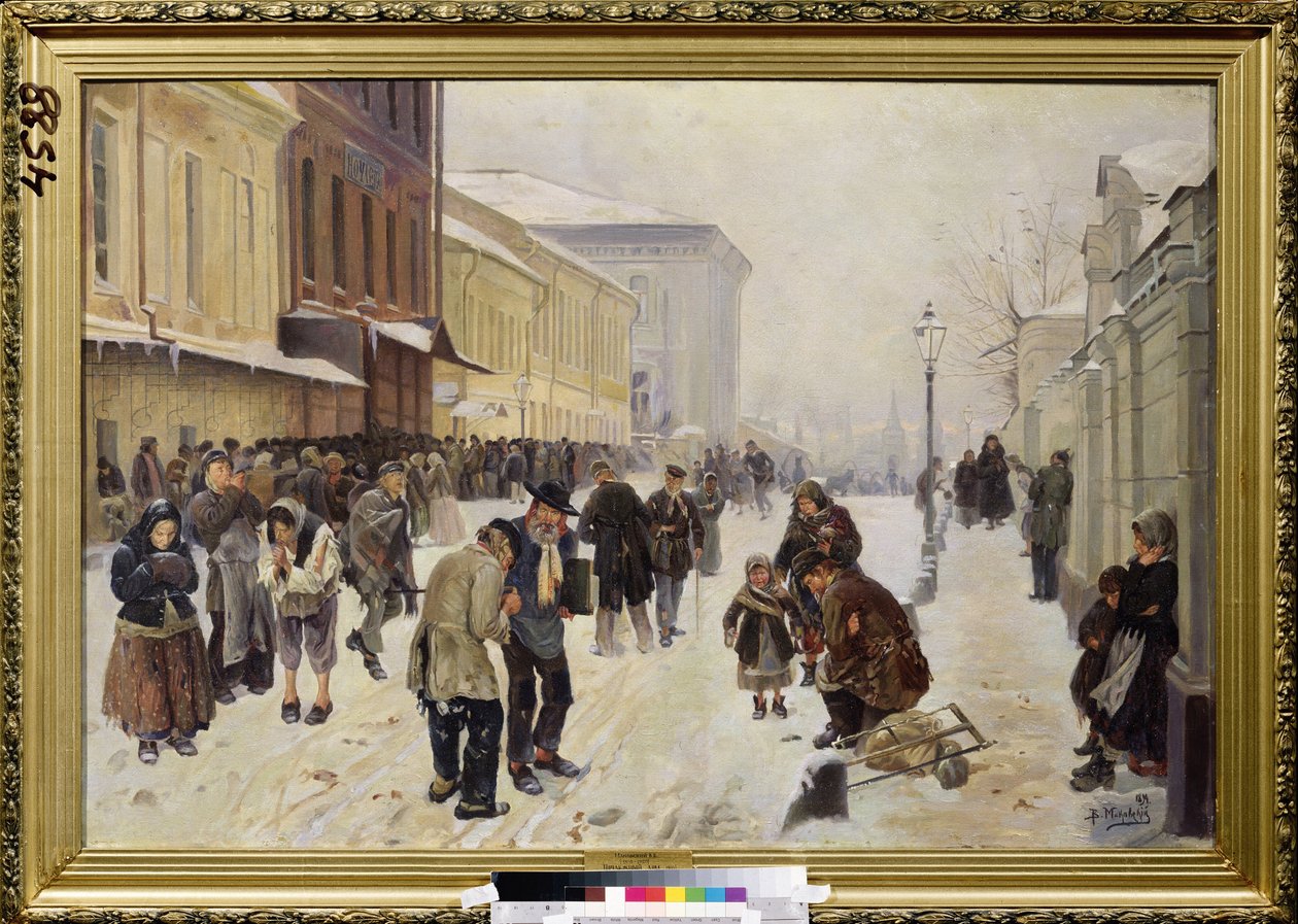 The Night Asylum (Dosshouse). Gatubild, en skara behövande, hemlösa människor samlas framför mottagningsbyggnaden, lidande av kyla och fattigdom. Målning av Vladimir Yegorovich Makovsky (Makovsky, Makovskij) (1846-1920), olja på duk av Vladimir Egorovic Makovsky