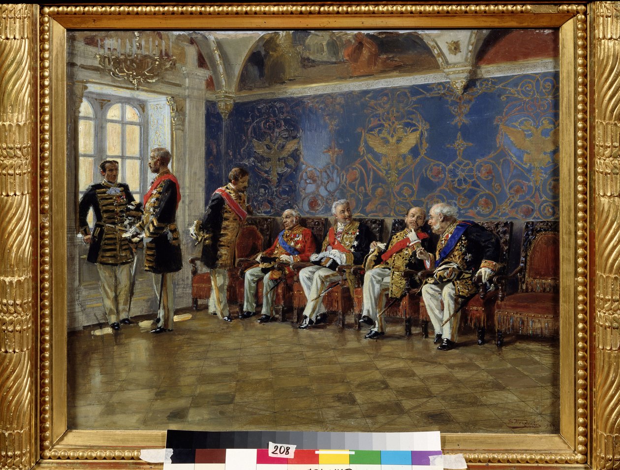 Väntar på en publik. Väntrum med karaktärer i officiell kostym med alla hedersdekorationer och attribut för deras adel och funktioner väntar och diskuterar innan de tas emot av tsaren. pei av Vladimir Egorovic Makovsky