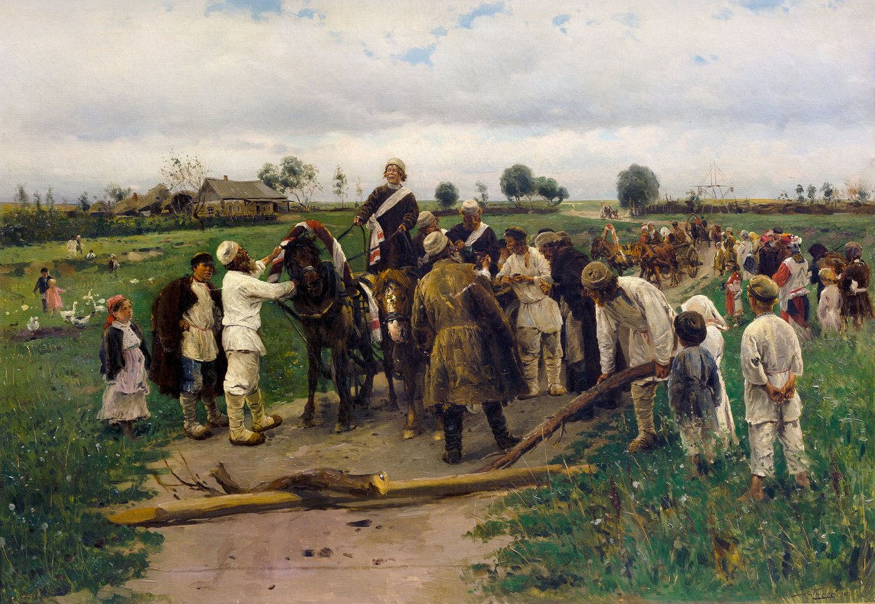 Betalning av en lösen för bruden. Målning av Vladimir Makovsky - Betala en lösen för bruden - Vladimir Yegorovich Makovsky (1846-1920). olja på duk av Vladimir Egorovic Makovsky