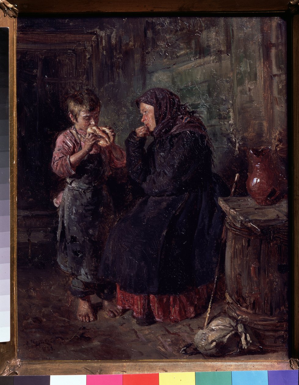 Återträffen (Återträffen). En mamma som har kommit för att hälsa på sitt barn, käpp och ryggsäck liggandes på marken, hon bär fortfarande sin kappa och sin halsduk på huvudet och slukar sin son med ögonen när han äter en sorts brioche. Han är barfota, av Vladimir Egorovic Makovsky