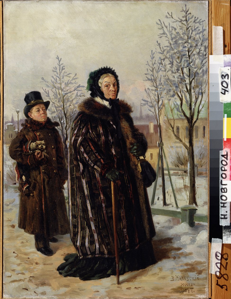 En gammal dams promenad. (En gammal dam promenad). När hon går på stigen till en snöig park, följs hon av en ung man som bär sin lilla hund. Målning av Vladimir Yegorovich Makovsky (Makovsky, Makovskij) (1846-1920), olja på duk av Vladimir Egorovic Makovsky