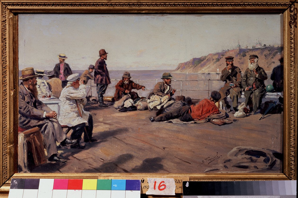 På däck (On the Deck). Resenärer i alla klasser på en båt som går längs kusten. Målning av Vladimir Yegorovich Makovsky (Makovsky, Makovskij) (1846-1920), olja på duk av Vladimir Egorovic Makovsky