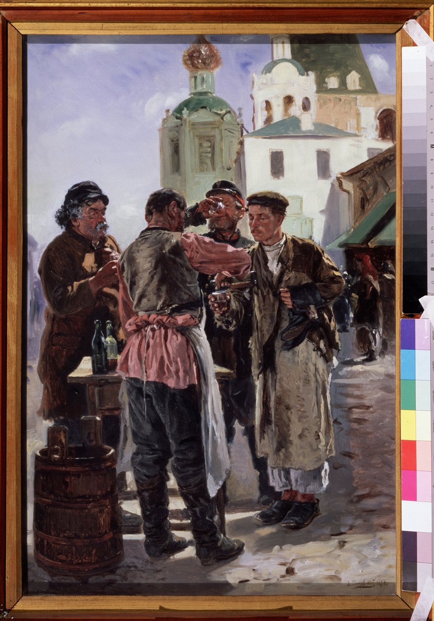 Säljare av Kvass (Kwass) (Kvas säljare). Fermenterad och mousserande dryck, lätt alkoholhaltig och populär, smeknamnet brödöl, rysk nationaldryck. Målning av Vladimir Yegorovich Makovsky (Makovsky, Makovskij) (1846-1920), olja på duk av Vladimir Egorovic Makovsky