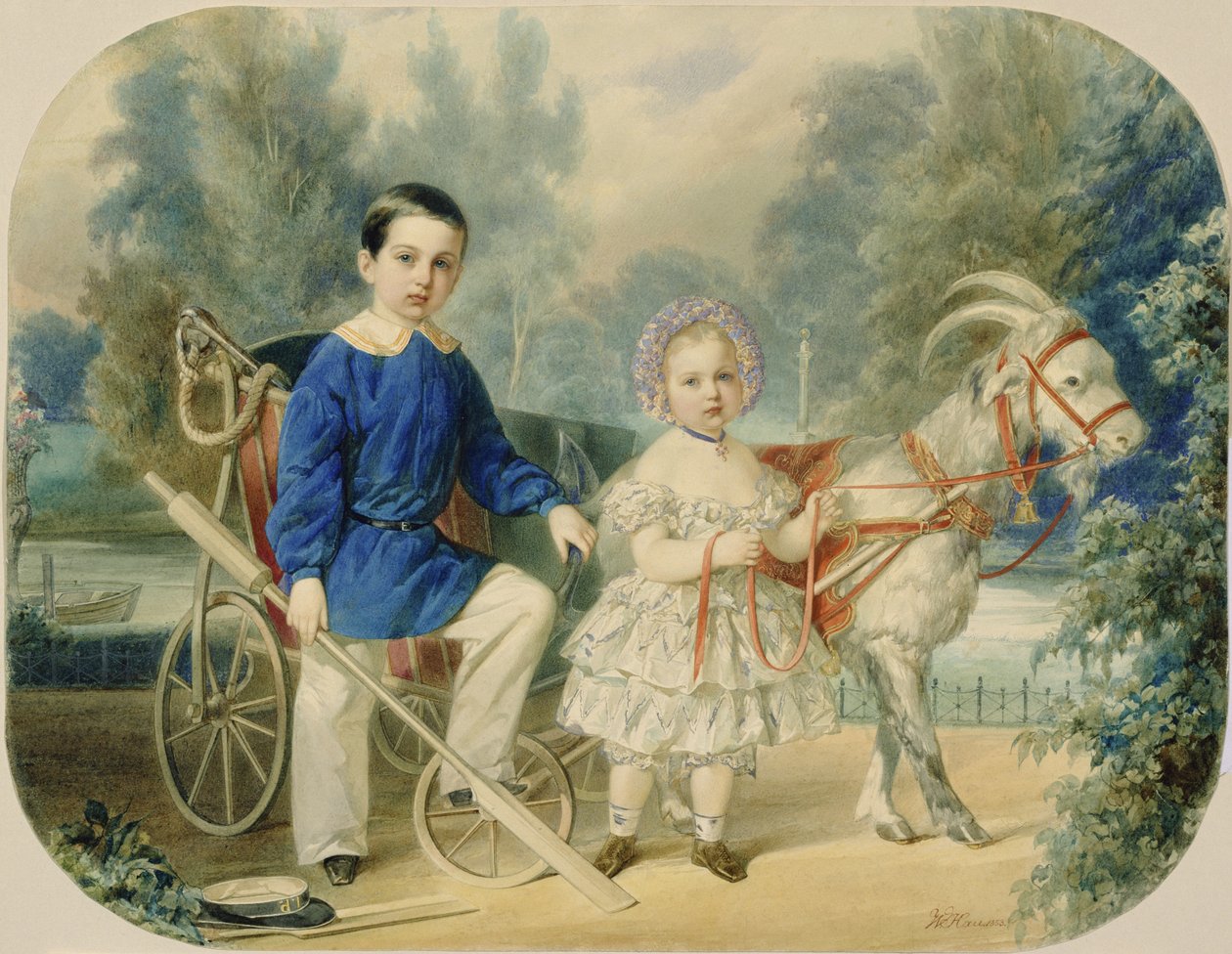 Storhertig Alexander och storhertig Alexey som barn, 1853 (wc på kartong) av Vladimir Ivanovich Hau