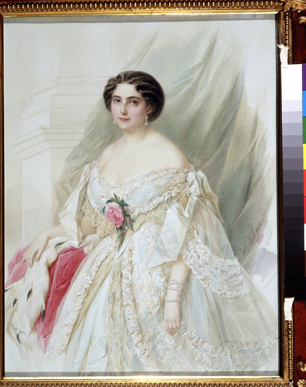 ""Porträtt av en dam med en pälskapape"" Hon är klädd i en vit klänning med band, örhängen och armband. Akvarell av Vladimir Hau (Gau) (1816-1895) 1860 Privat samling av Vladimir Ivanovich Hau