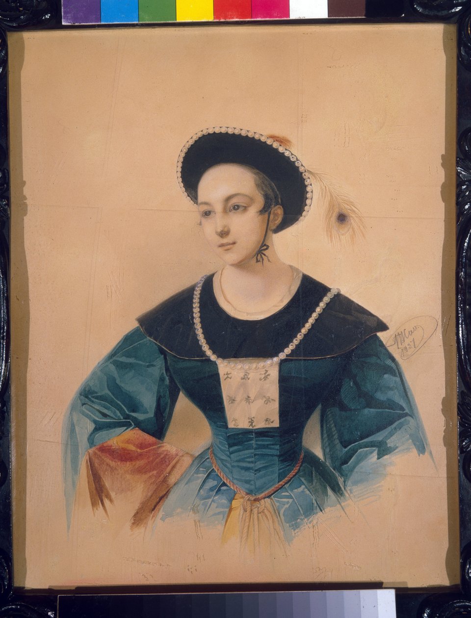 Porträtt av sopranen Anna Stepanova (1816-1838) för rollen som Peki i Daniel Aubers bronshäst (1782-1871). (Porträtt av operasångaren A. Stepanova som Peki i Bronshästen av D. Auber). Verk av Vladimir Ivanovich Hau (Gau) (1816-1 av Vladimir Ivanovich Hau