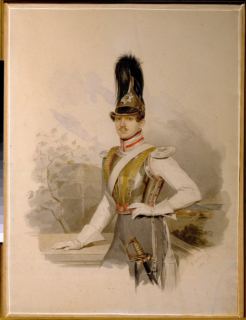 Porträtt av greve Valentin Grigoryevich Stroganov (1801-1833) (porträtt av greve V.G.Stroganov). verk av Vladimir Ivanovich Hau (Gau) (1816-1895), akvarell på papper, före 1832. Rysk konst av Vladimir Ivanovich Hau