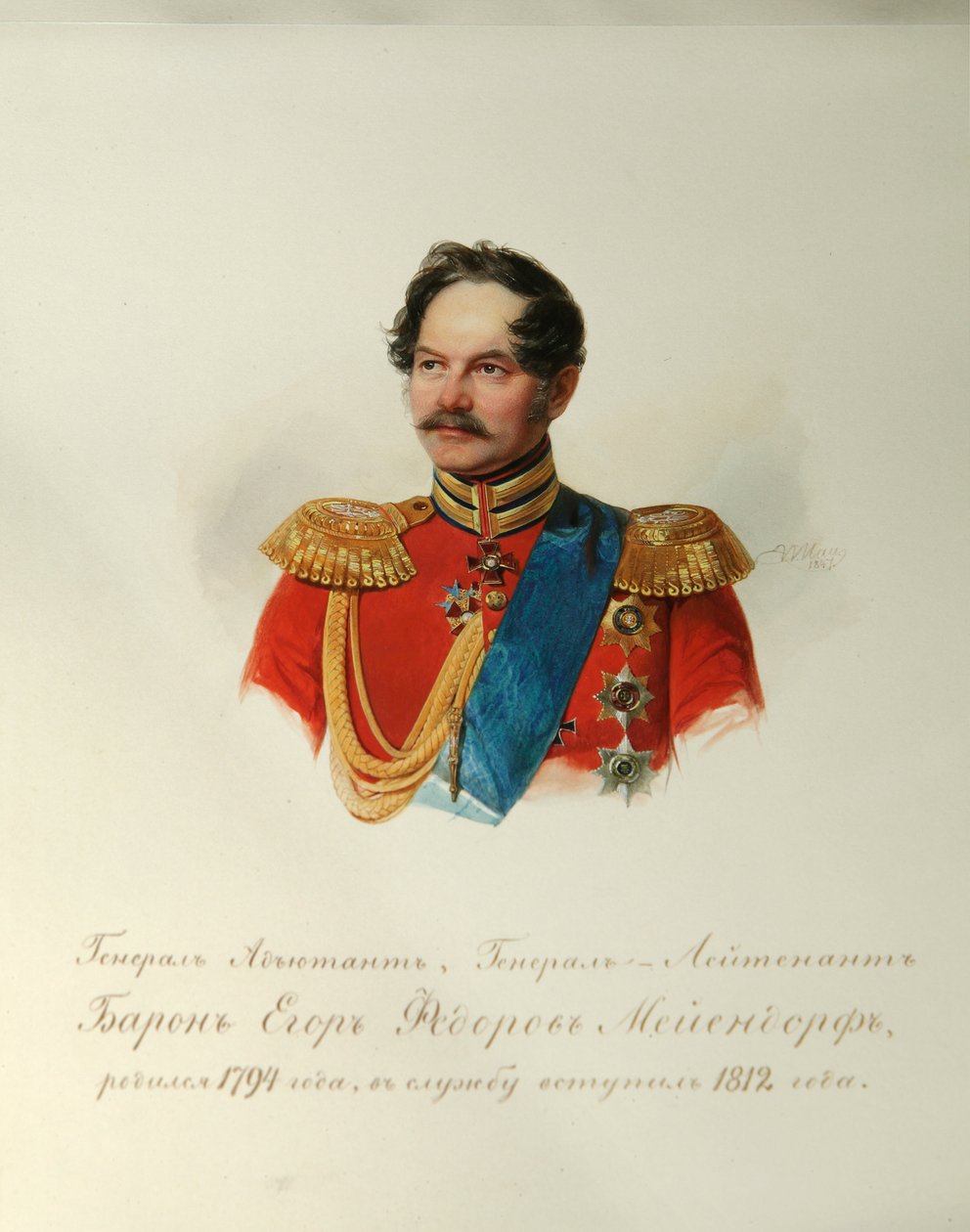 Porträtt av general Yegor Fyodorovich Meiendorf (1794-1879) (Från albumet med de kejserliga hästvakterna) - Hau (Gau), Vladimir Ivanovich (1816-1895) - 1846-1849 - Akvarell på papper - Institut för rysk litteratur IRLI (Pushkin) -Hus), St Petersburg av Vladimir Ivanovich Hau