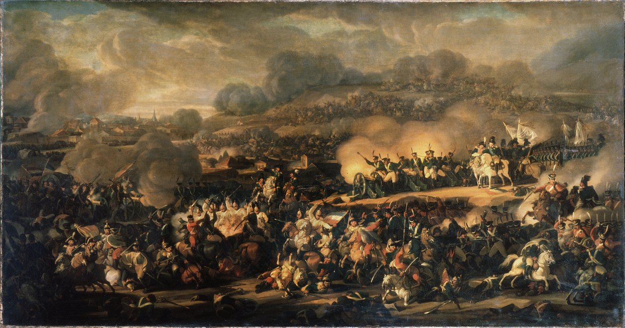 La Bataille des Nations a Leipzig (Tyskland) i oktober 1813. (The Battle of Nations of Leipzig den oktober 1813). Kallas även slaget vid Leipzig, det var det största nederlaget som Napoleons Grande Armee (1769-1821) lidit. Målning av Vladimir I av Vladimir Ivanovich Moshkov