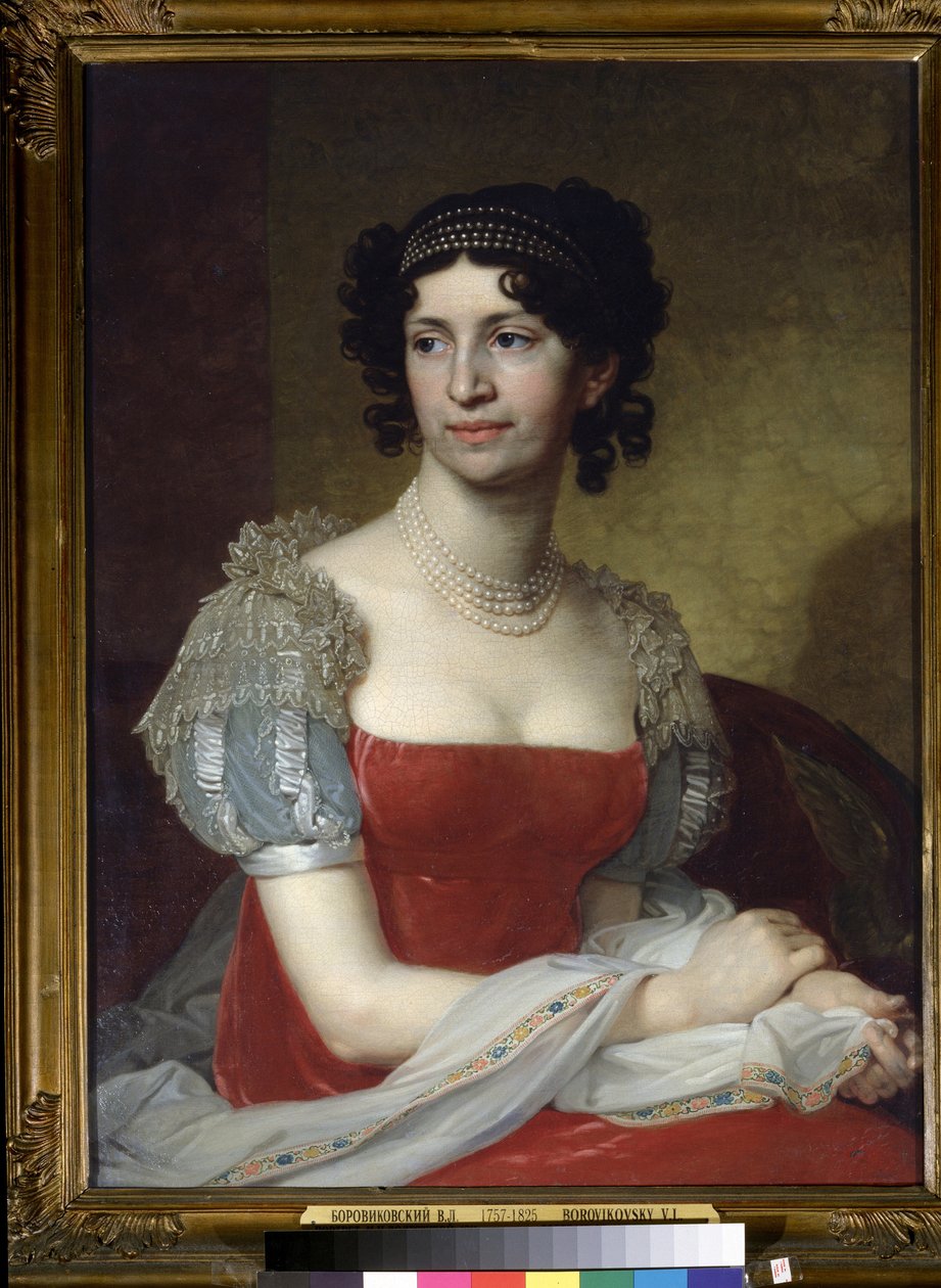 ""Porträtt av prinsessan Margarita Dolgorukaya (1785-1814)"" Hon bär ett pärlhalsband och tiara. Målning av Vladimir Lukich Borovikovsky (eller Borovikovsky) (1757-1825) 1785 State Tretyakov Gallery, Moskva av Vladimir Lukich Borovikovsky