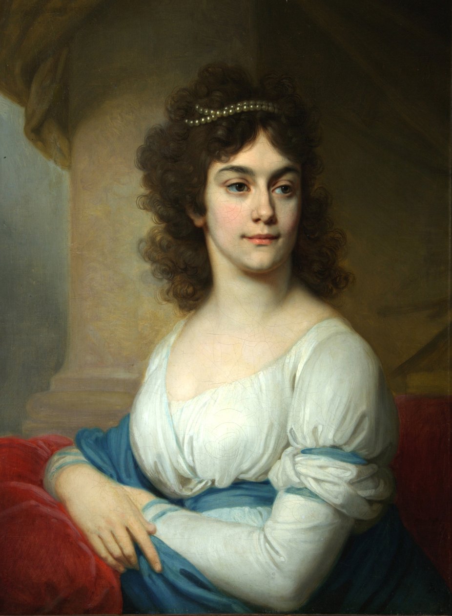Porträtt av en okänd kvinna i vit klänning med blått band, slutet av 1790-talet av Vladimir Lukich Borovikovsky