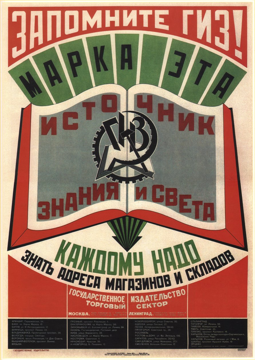 Kom ihåg GIZ State Publishers. Detta varumärke är en källa till kunskap och ljus, 1925 av Vladimir Mayakovsky