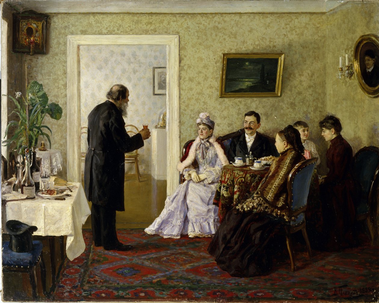 Det nygifta paret på besök hos svärfar. (Nygifta på besök hos svärfar). Målning av Vladimir Nikolayevich Pchelin (1869-1941), olja på duk av Vladimir Nikolayevich Pchelin