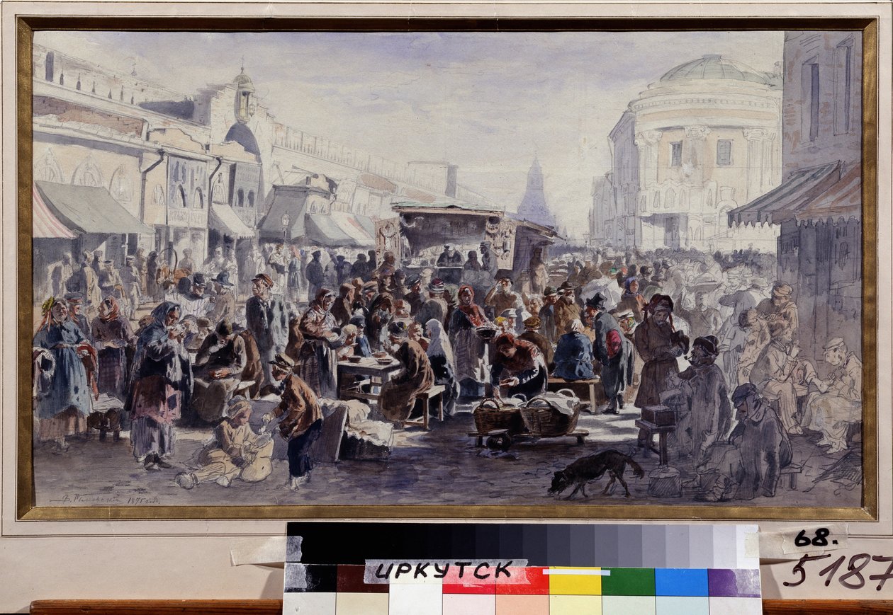 Loppmarknaden i Moskva (Ryssland) (The Second Hand Market In Moscow). Gatubild, med karaktärer i fläckiga och lappade kläder, några äter vid bord framför en barack, andra tittar på varorna som erbjuds, ytterligare andra gömmer sig av Vladimir Yegorovich Makovski