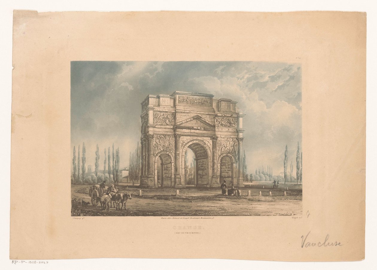 Landskap med triumfbågen i Orange med resenärer Orange. (Arc de Triomphe) (titel på objekt) av Vogel (prentmaker)