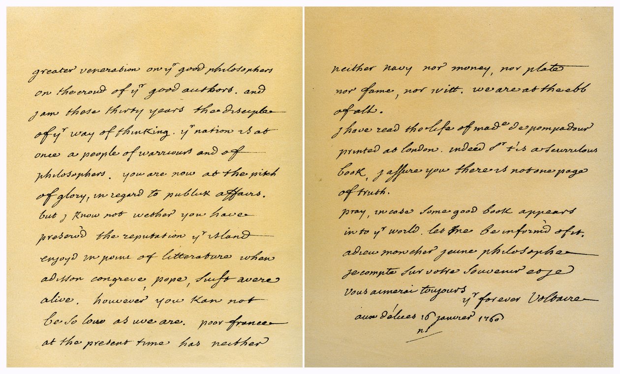 Brev från Francois Marie Arouet de Voltaire till George Keat, 16 januari 1760. av Voltaire