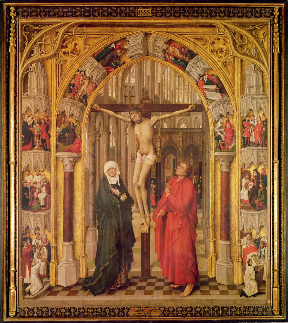 Kristus på korset, med Jungfru Maria och Sankt Johannes under ett valv med gotiskt tracery som leder till en kyrka, central panel från Redemption Triptych, c.1460 av Vrancke van der Stockt