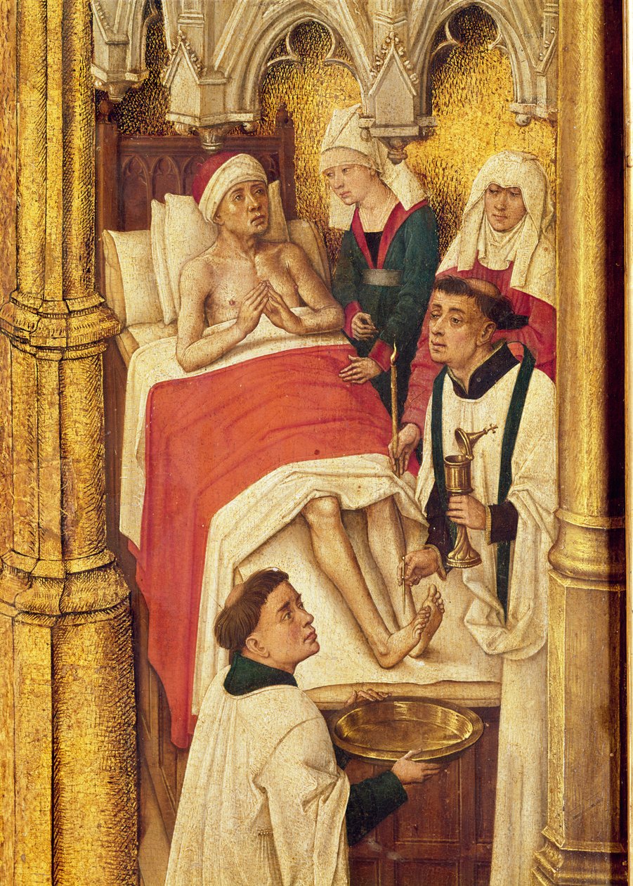 Redemption Triptych: Sacrament of Extreme Unction, från serien av små bilder som porträtterar sakramenten kring den centrala bilden av korsfästelsen, ca 1460 av Vrancke van der Stockt