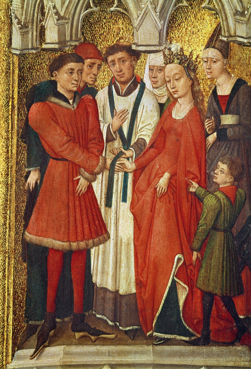 Redemption Triptych: Sacrament of Marriage, från serien av små bilder som porträtterar sakramenten kring den centrala bilden av korsfästelsen, ca 1460 av Vrancke van der Stockt