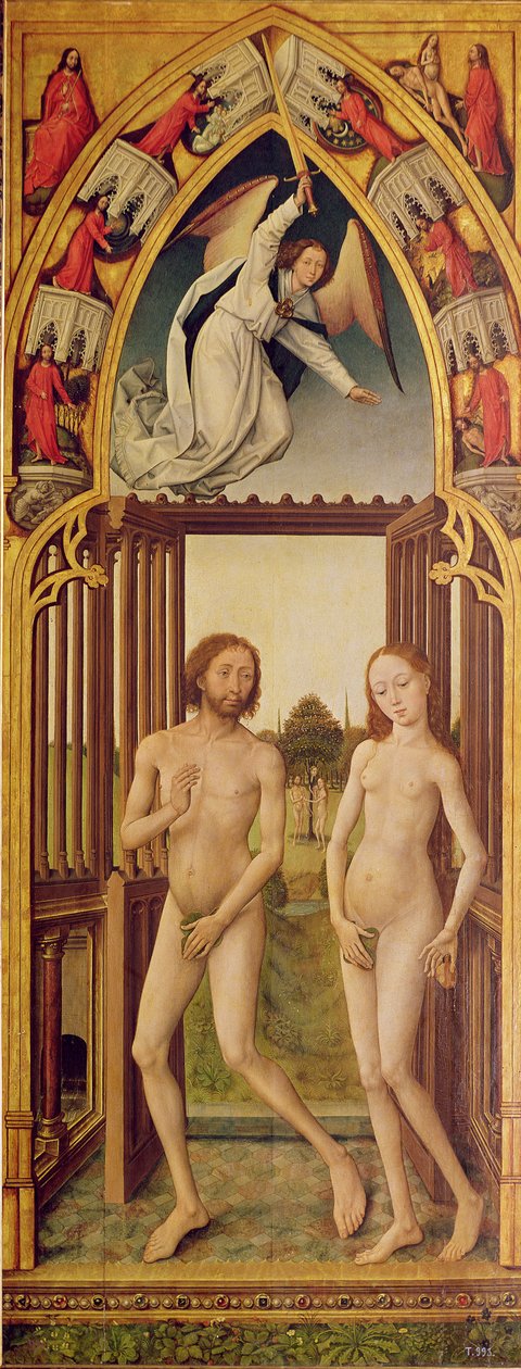 Redemption Triptyk; höger panel (till betraktaren) som visar utvisningen av Adam och Eva från paradiset, ca 1460   , c.1460 (se 488870 och 488609) av Vrancke van der Stockt
