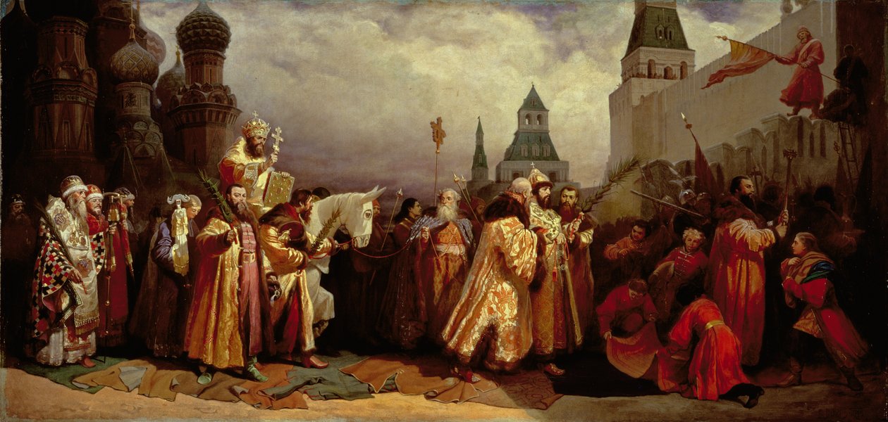 Palmsöndag i Moskva med tsar Alexei Mikhailovich (1629-76) i en patriarkal procession, 1865 av Vyacheslav Grigorievich Shvarts