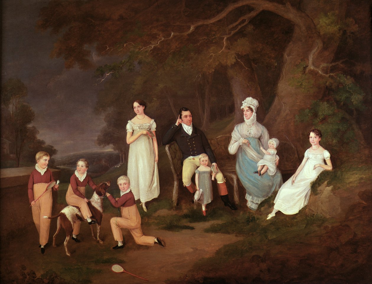 Gruppporträtt av en godsägare, hans fru och barn på kanten av den nya skogen, 1817 av W. Allison
