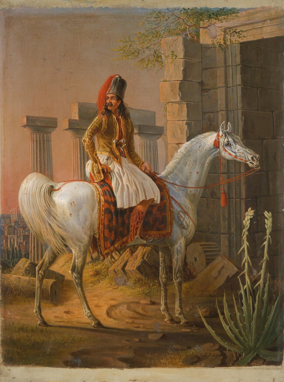 Grekisk ryttare bland gamla ruiner av W. Ammon