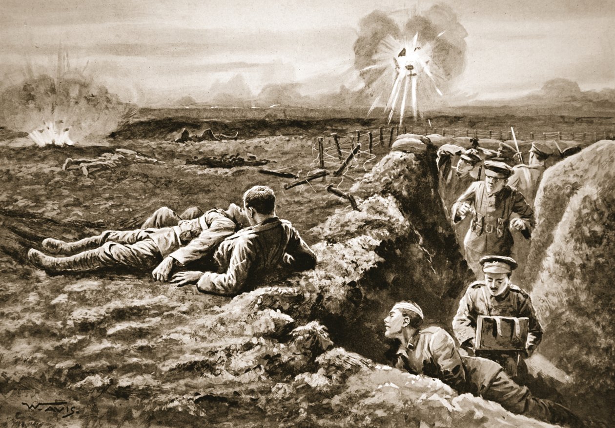Lance-Corporal Tombs drar tillbaka en svårt skadad man med hjälp av en gevärslinga placerad runt hans egen hals och mannens kropp av W. Avis