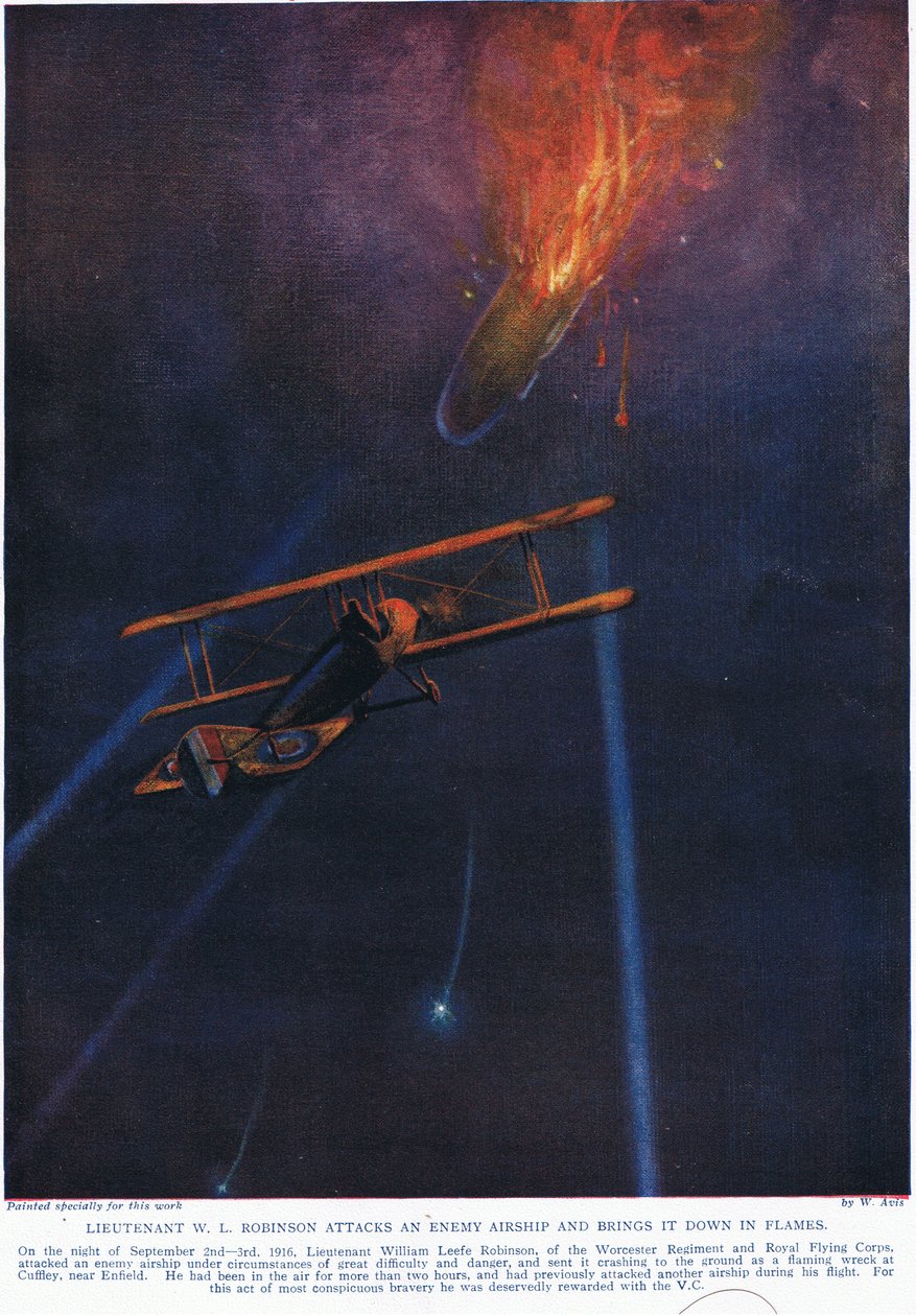Löjtnant W.L. Robinson attackerar ett fientligt luftskepp och fäller det, illustration från "Deeds that Thrill the Empire", publicerad av Hutchinson und Co., ca 1920 av W. Avis