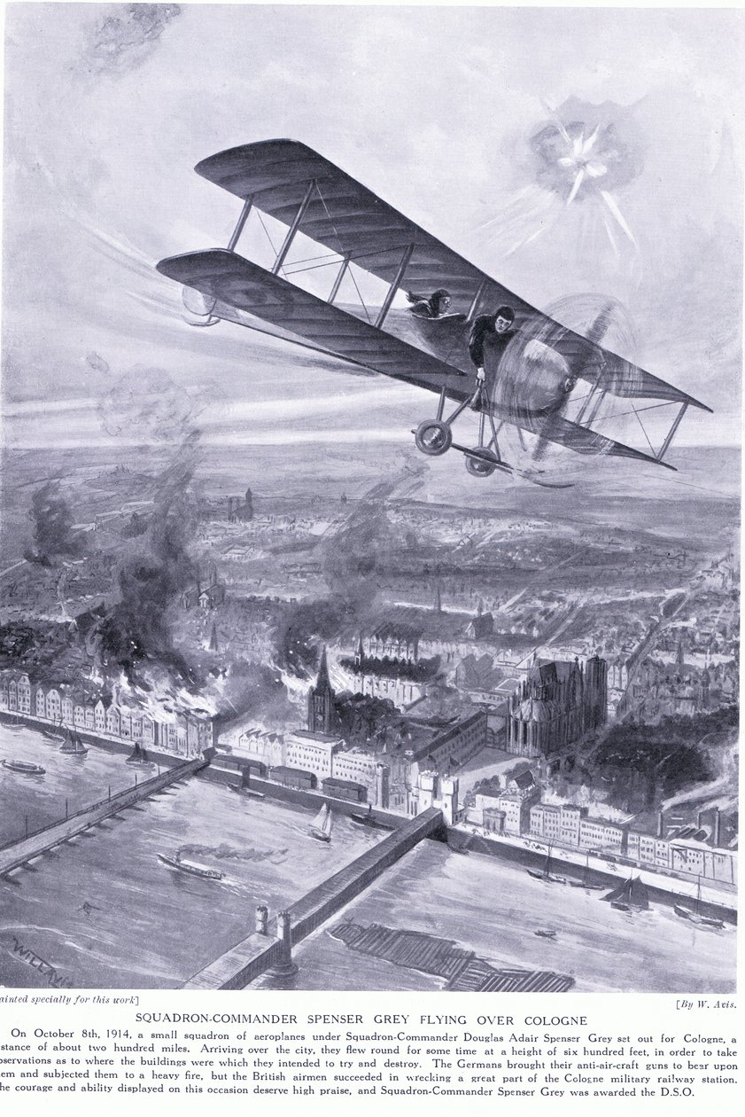 Squadron Commander Spenser Gray tilldelas DSO för att ha flygit över Köln och bombat en militär järnvägsstation okt 1914 av W. Avis