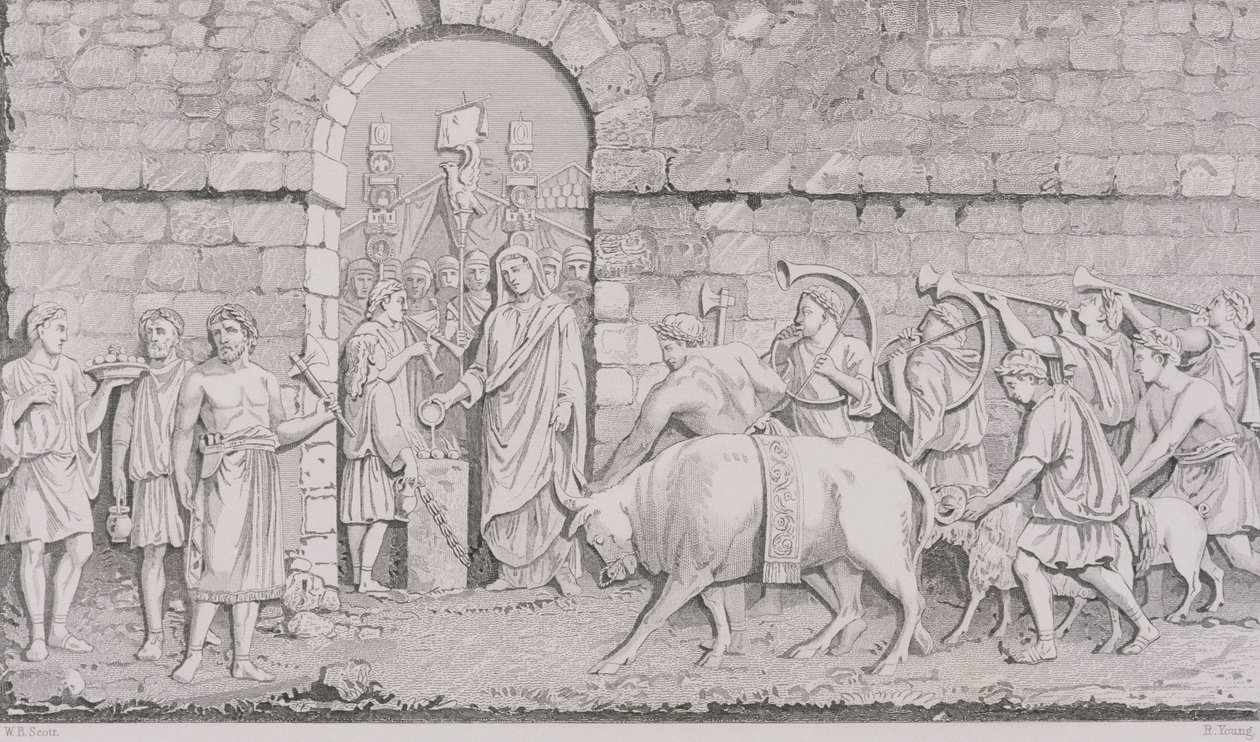 The Great Sacrifice of the Romans on Undertaking a War, graverad av R. Young, från "World Religion", utgiven av A. Fullarton und Co. av W. Bell Scott