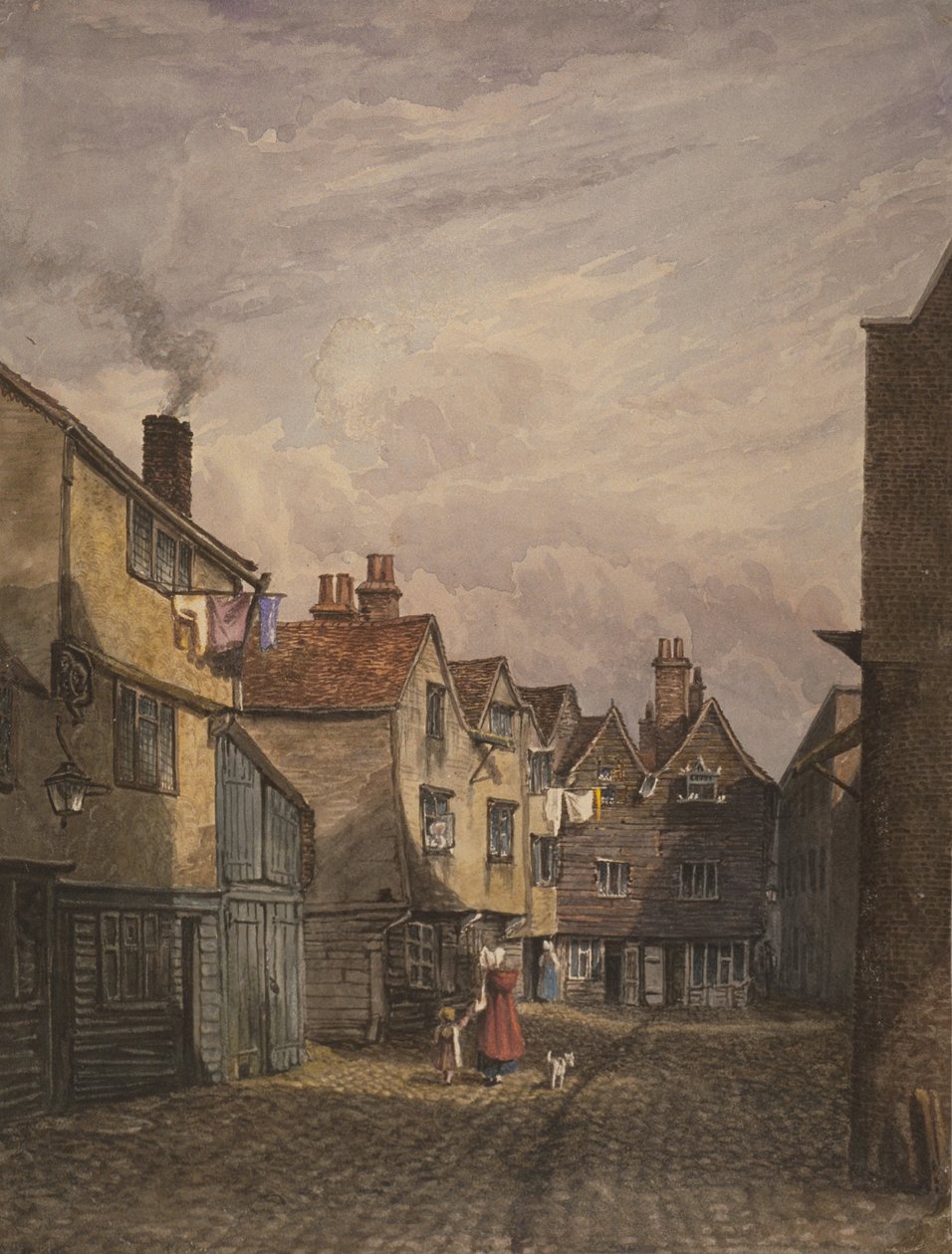 En kvinna och ett barn på väg nedför Crown Court, Bermondsey, ca 1825 av W. Barker