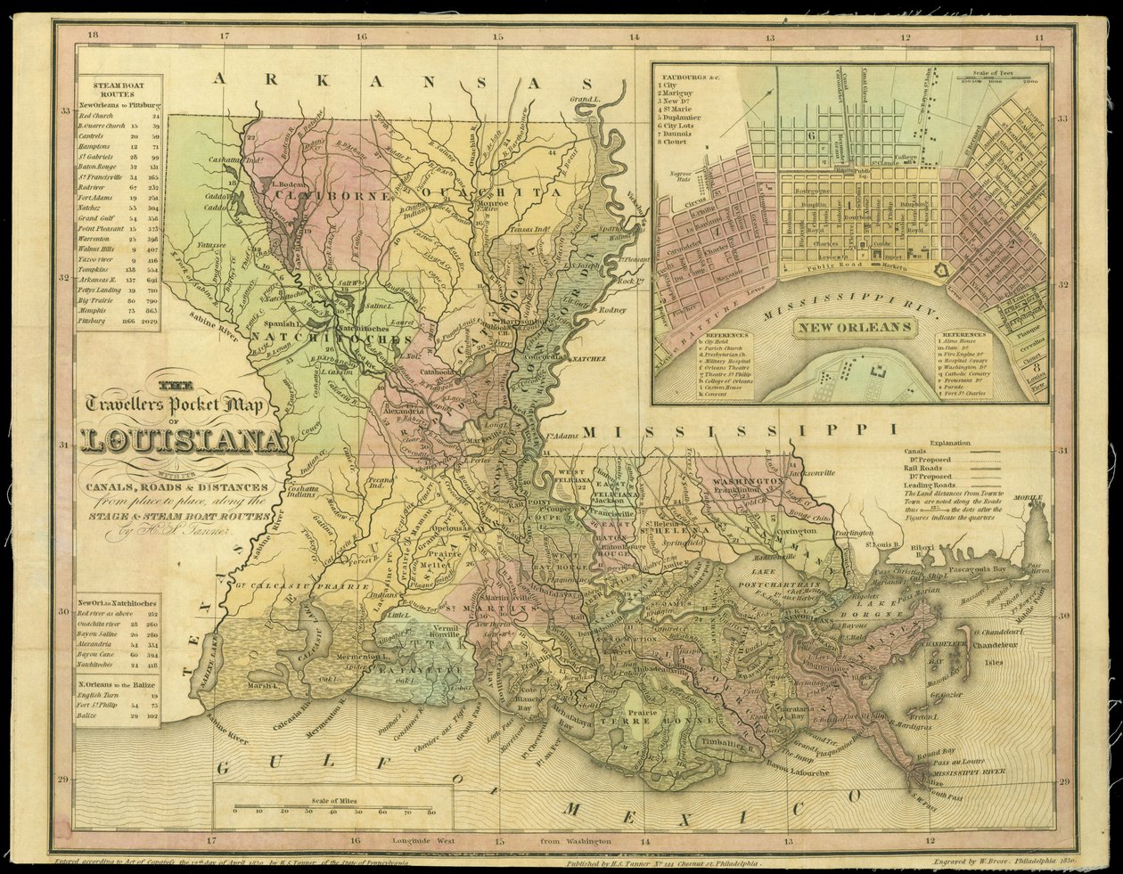 The Travelers Pocket Map of Louisiana, publicerad 1830 av W. Brose
