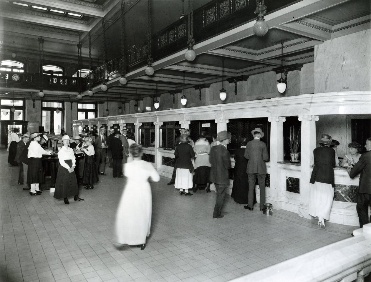 Interior view of lobby and teller windows at Mercantile Trust Company av W. C. Persons