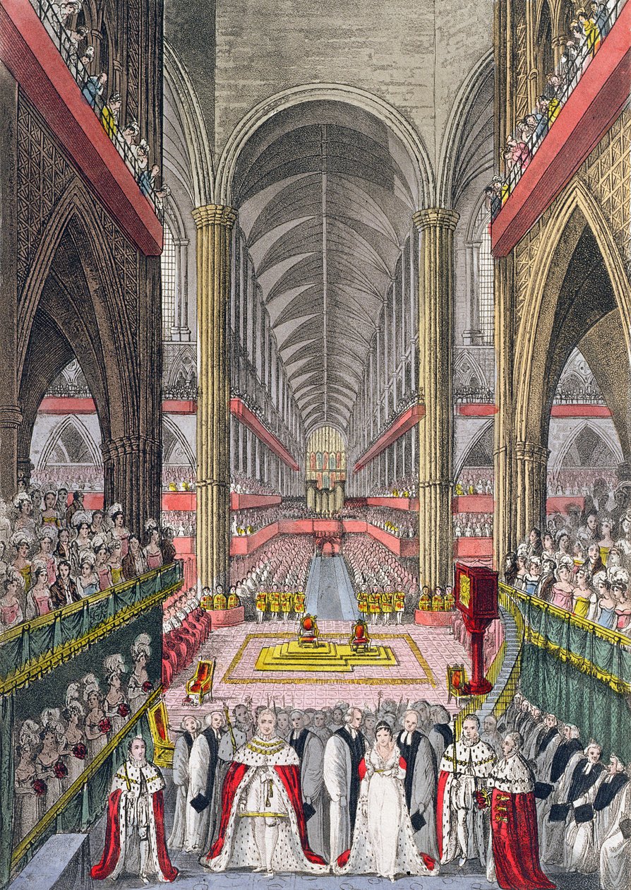 Kröningen av William IV (1765-1837) och Adelaide (1792-1849) i Westminster Abbey 1830, 1831 (akvatint) av W. Read