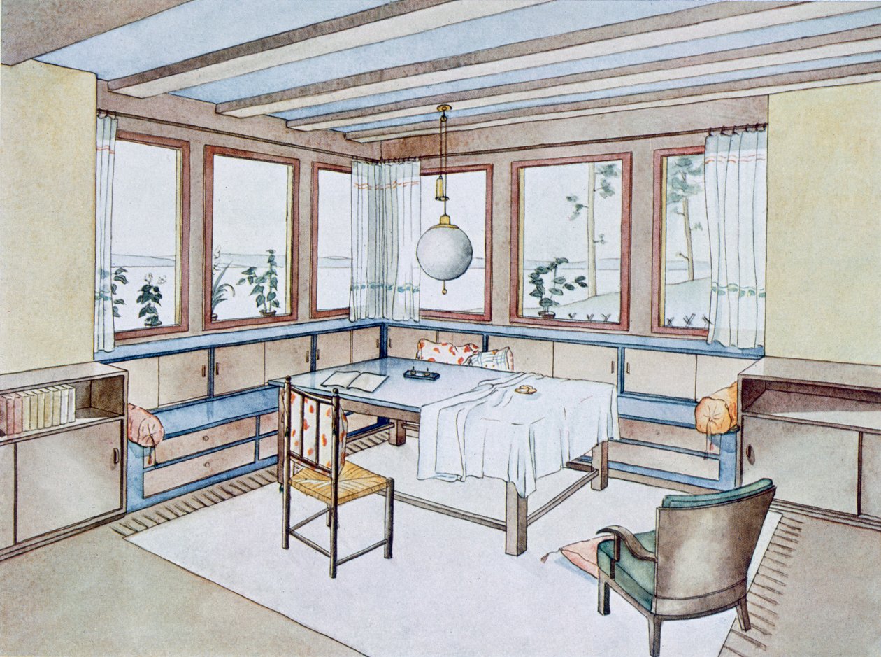 Del av ett vardagsrum, från Modern Interiors in Colour, utgiven av Julius Hoffman, Stuttgart, 1929. av W. Schneider
