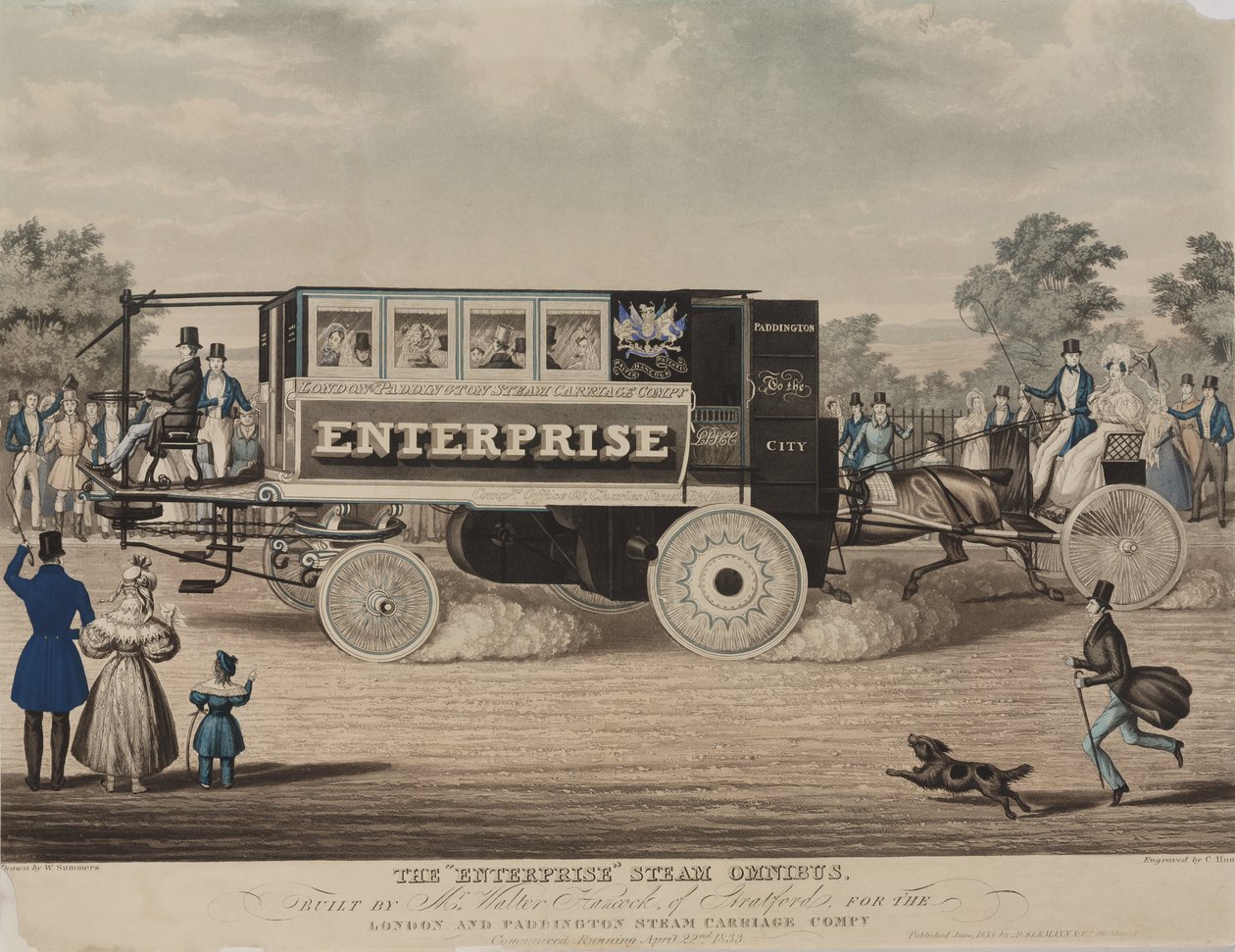 Enterprise Steam Omnibus, byggd av Mr. Walter Hancock från Stratford, för London and Paddington Steam Carriage Company, graverad av C. Hunt, 1833 av W. Summers
