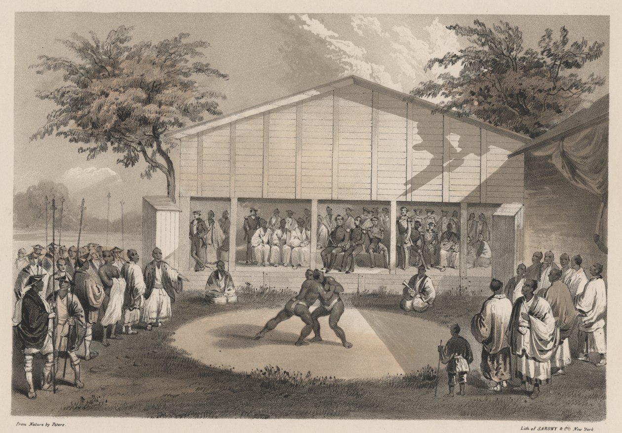 Wrestlers at Yokuhama, medlemmar av Sarony und Co., 1855 (chromolitho) av W. T. Peters