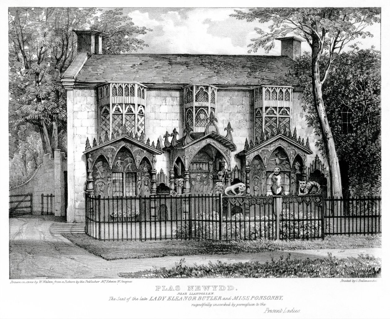 Plas Newydd, nära Llangollen, säte för den sena damen Eleanor Butler (ca 1745-1829) och fröken Sarah Ponsonby (d. 1831), tryckt av Charles Joseph Hullmandel (1789-1850) av W. after Walton