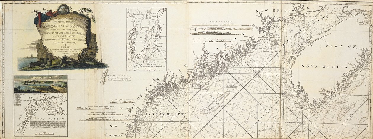 Ett nytt och korrekt sjökort över New Englands och New Yorks kust med angränsande delar av Nova Scotia och New Brunswick från Cape Sable till inloppet till Hudsons eller North River av kapten Holland; vy över Hell Gate av W. A. Williams 1777 (infälld); pla av W.A. Williams