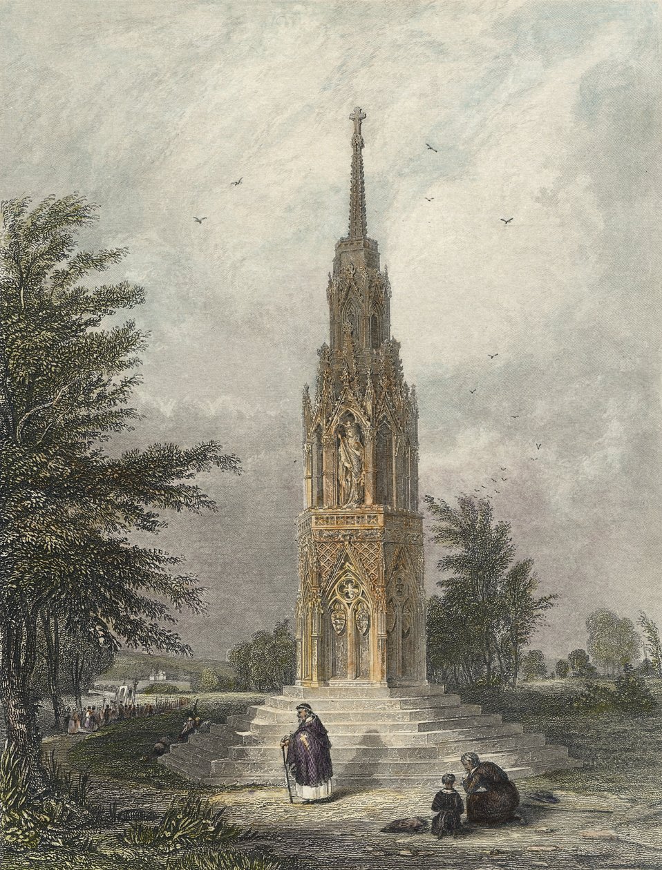 Waltham Cross, ca 1820 (handfärgad gravyr) av W.B Clarke
